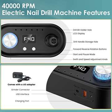 Electric Nail Drill Machine, 40000RPM Professional E file Nail Drill Kit, Electric Nail File for Acr...