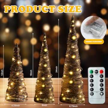 Leinuosen 3 Pcs Lighted Christmas Rattan Cone Trees（24"/18"/12" ） Christmas Tree Set Holiday Light Table Cones Tree Xmas Rattan Trees Tabletop Centerpiece for Christmas Party Indoor Home Decorations