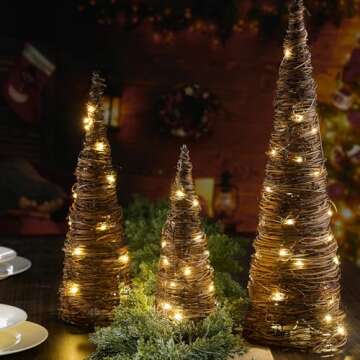 Leinuosen 3 Pcs Lighted Christmas Rattan Cone Trees（24"/18"/12" ） Christmas Tree Set Holiday Light Table Cones Tree Xmas Rattan Trees Tabletop Centerpiece for Christmas Party Indoor Home Decorations
