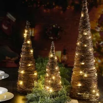 Leinuosen Lighted Christmas Rattan Cone Trees Set for Holidays