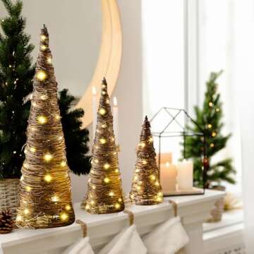 Leinuosen 3 Pcs Lighted Christmas Rattan Cone Trees（24"/18"/12" ） Christmas Tree Set Holiday Light Table Cones Tree Xmas Rattan Trees Tabletop Centerpiece for Christmas Party Indoor Home Decorations