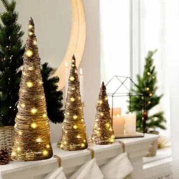 Leinuosen Lighted Christmas Rattan Cone Trees Set for Holidays