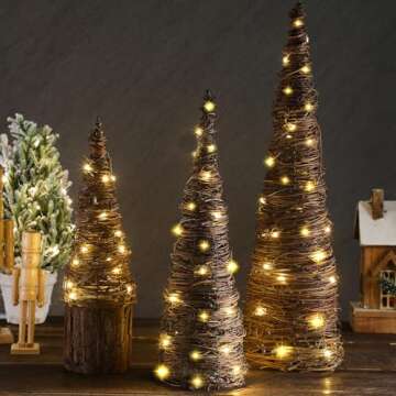 Leinuosen 3 Pcs Lighted Christmas Rattan Cone Trees（24"/18"/12" ） Christmas Tree Set Holiday Light Table Cones Tree Xmas Rattan Trees Tabletop Centerpiece for Christmas Party Indoor Home Decorations