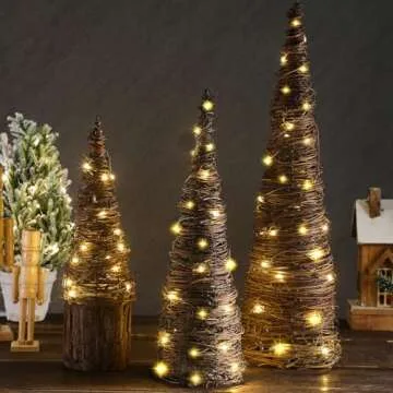 Leinuosen Lighted Christmas Rattan Cone Trees Set for Holidays