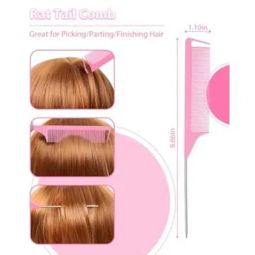 Pink Slick Back Hair Brush - Rat Tail Comb for Hair Parting, Teasing Comb for Enhancing Volume and Fullness, Edge Brush for Controlling Flyaways
