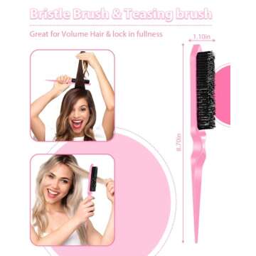 Pink Slick Back Hair Brush - Rat Tail Comb for Hair Parting, Teasing Comb for Enhancing Volume and Fullness, Edge Brush for Controlling Flyaways
