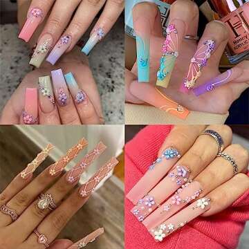 YOSOMK 3D Flower Nail Art Charms Colorful Nail Charms for Acrylic Nails Gold Silver Pearls Nail Supp...