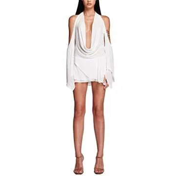 Juakoso Women's Long Sleeve V Neck Short Solid Color Button Down Shirt Elegant Party Clubwear Dress, G-white, Small