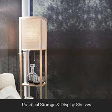 Brightech Maxwell - Modern Shelf Floor Lamp with Lamp Shade and LED Bulb - Corner Display Floor Lamps with Shelves for Living Room, Bedroom and Office - Natural Wood