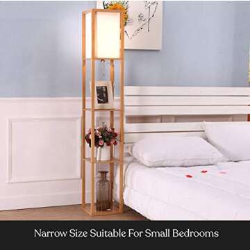 Brightech Maxwell - Modern Shelf Floor Lamp with Lamp Shade and LED Bulb - Corner Display Floor Lamps with Shelves for Living Room, Bedroom and Office - Natural Wood