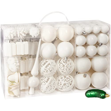 BRUBAKER 101 Pack Assorted Christmas Ball Ornaments - Shatterproof - with Green Pickle and Tree Topper - Designed in Germany - Cream White
