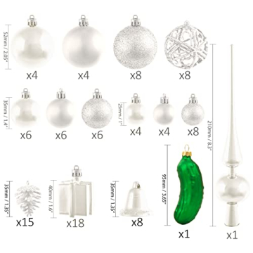 BRUBAKER 101 Pack Assorted Christmas Ball Ornaments - Shatterproof - with Green Pickle and Tree Topper - Designed in Germany - Cream White