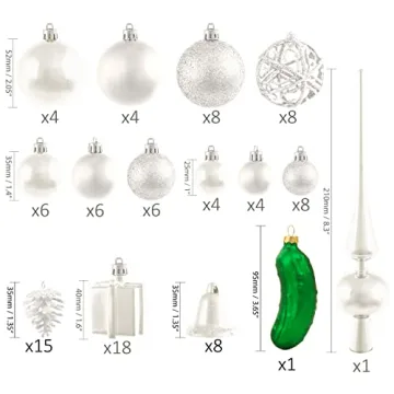 BRUBAKER 101 Pack Assorted Christmas Ball Ornaments - Shatterproof - with Green Pickle and Tree Topper - Designed in Germany - Cream White