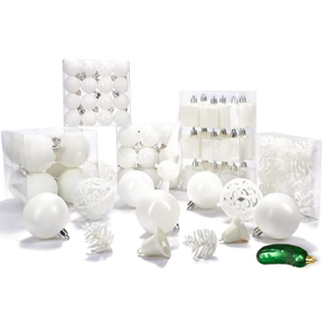BRUBAKER 101 Pack Assorted Christmas Ball Ornaments - Shatterproof - with Green Pickle and Tree Topper - Designed in Germany - Cream White