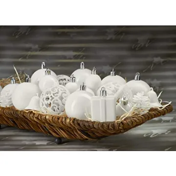 BRUBAKER 101 Pack Assorted Christmas Ball Ornaments - Shatterproof - with Green Pickle and Tree Topper - Designed in Germany - Cream White