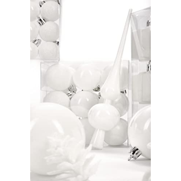 BRUBAKER 101 Pack Assorted Christmas Ball Ornaments - Shatterproof - with Green Pickle and Tree Topper - Designed in Germany - Cream White