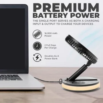 VENTY Original Portable Fan - Wireless Battery Operated Fan With 4 Speeds, LED Lighting, Carry Case & Remote Control - Premium Travel Rechargeable Fan & Power Bank With USB & USB-C Ports (Black)