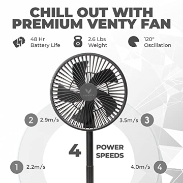 VENTY Original Portable Fan - Wireless Battery Operated Fan With 4 Speeds, LED Lighting, Carry Case & Remote Control - Premium Travel Rechargeable Fan & Power Bank With USB & USB-C Ports (Black)