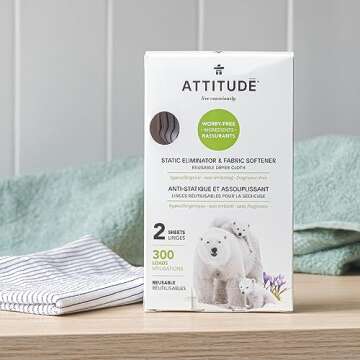 ATTITUDE Static Eliminator and Fabric Softener, Reusable Dryer Cloths - Eco-Friendly, 300 Loads