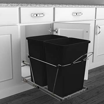 Rev-A-Shelf Double Pullout Trash Can for Kitchen Cabinets 35 Qt 12 Gal Garbage Recycling Bin on Full Extension Slides, Black, RV-18KD-18C S