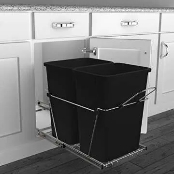 Rev-A-Shelf Double Pullout Trash Can for Kitchen Cabinets 35 Qt 12 Gal Garbage Recycling Bin on Full Extension Slides, Black, RV-18KD-18C S