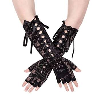 Pinup Lace Up Long Gloves For Women, Lace Fingerless Gloves, Dress-up, Costume or Halloween
