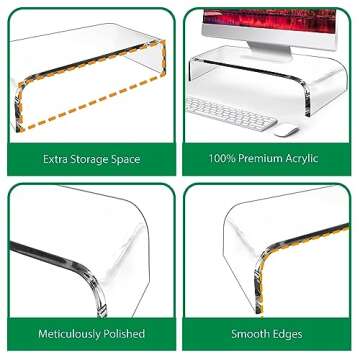 AMT Acrylic Laptop Monitor Stand & Computer Riser with Cat Keyboard Protector, Space-Saving Design, Extra Storage, Clear Shelf - Ideal for Monitors, Laptops, Printers, Desktop Decor