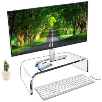 AMT Acrylic Laptop Monitor Stand & Computer Riser with Cat Keyboard Protector, Space-Saving Design, Extra Storage, Clear Shelf - Ideal for Monitors, Laptops, Printers, Desktop Decor