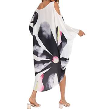 Womens Plus Size Summer Off Shoulder Kaftan Cover Up Cold Shoulder Tshirt Maxi Beach Boho Swing Dress Floral White