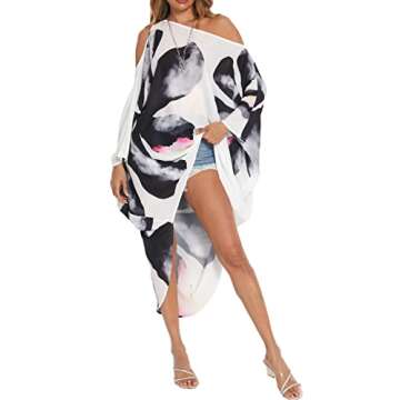 Womens Plus Size Summer Off Shoulder Kaftan Cover Up Cold Shoulder Tshirt Maxi Beach Boho Swing Dress Floral White
