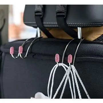 JOJOY LUX 2 Pack Seat Back Organizers, Bling Diamond Universal Organizer Hooks Car Headrest Hangers Hooks, Bag Organizers Rack and Hanger, Strong and Durable Auto Backseat Storage Hooks (Pink)