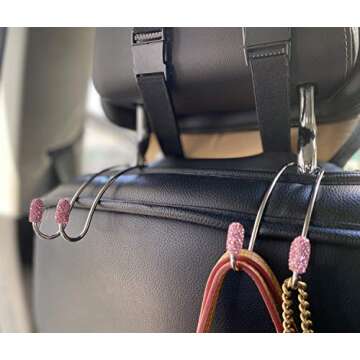 JOJOY LUX 2 Pack Seat Back Organizers, Bling Diamond Universal Organizer Hooks Car Headrest Hangers Hooks, Bag Organizers Rack and Hanger, Strong and Durable Auto Backseat Storage Hooks (Pink)