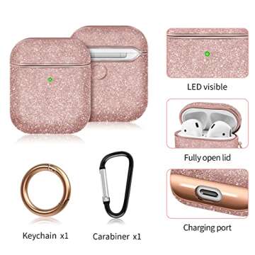 MOLOVA Bling Case for Airpods 1&2 Case,Hard Cover Glitter Rose Gold Luxury Leather with Gold-Plated Frame Shock Proof Cover with Keychain（Rose Gold）