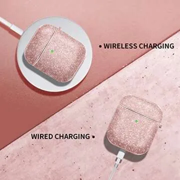 MOLOVA Bling Case for Airpods 1&2 Case,Hard Cover Glitter Rose Gold Luxury Leather with Gold-Plated Frame Shock Proof Cover with Keychain（Rose Gold）