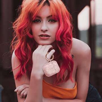 MOLOVA Bling Case for Airpods 1&2 Case,Hard Cover Glitter Rose Gold Luxury Leather with Gold-Plated Frame Shock Proof Cover with Keychain（Rose Gold）