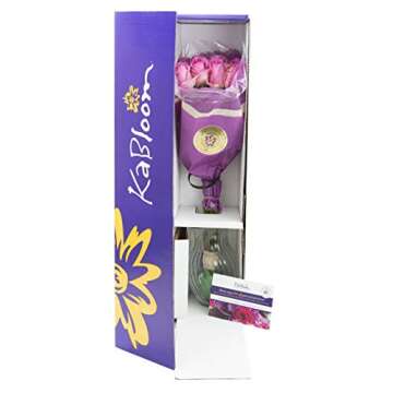 KaBloom Flowers - Valentine Collection - Bouquet of 12 Fresh Pink Roses (Farm-Fresh, Long-Stem) with...