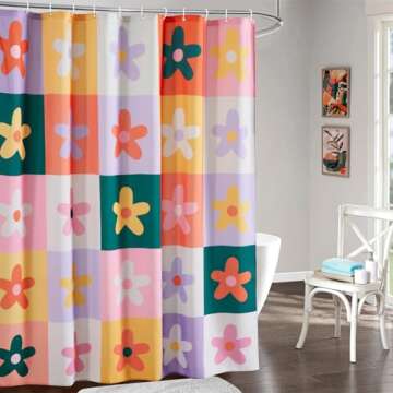 Aldopein Retro Flower Checkered Shower Curtain Aesthetic Funky Bathroom Decoration, Mid Century Mode...
