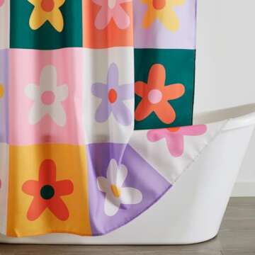 Aldopein Retro Flower Checkered Shower Curtain - Funky Bathroom Decor