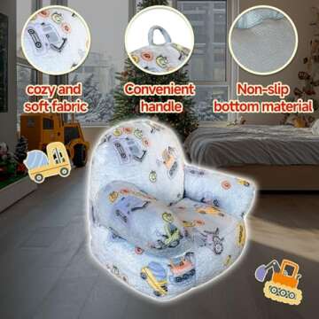 Glow in The Dark Kids Toddler Bean Bag Chair Excavator Truck Car Printed Toddler Chair Children's Plush Chair Mini Sofa Armrest Sofa for Boys and Girls