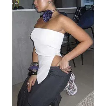 Lauweion Women's Strapless Knit Tube Top Y2K Asymmetrical Slits Solid Slim Fitted Off The Shoulder Going Out Tops White