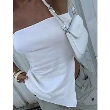 Lauweion Women's Strapless Knit Tube Top Y2K Asymmetrical Slits Solid Slim Fitted Off The Shoulder Going Out Tops White