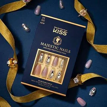 KISS Majestic Fake Nails, 'In a Crown', High-End Gel Nails, 30 Reusable Medium Length Coffin Shaped Glue-On & Press-On Jeweled Accent Glue On Nails