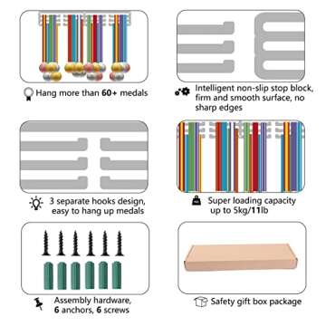 CREATCABIN Gymnastics Medal Holder Display Gymnast Medal Hanger Sports Awards Stand Wall Rack Mount Decor Stainless Steel Metal Hanging for Home Badge Storage 3 Rows Hanging Over 60 Medals, Silver