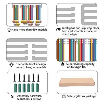 CREATCABIN Gymnastics Medal Holder Display Gymnast Medal Hanger Sports Awards Stand Wall Rack Mount Decor Stainless Steel Metal Hanging for Home Badge Storage 3 Rows Hanging Over 60 Medals, Silver