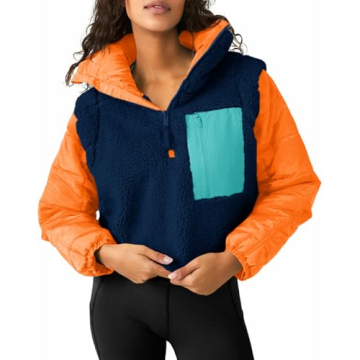 Tankaneo Womens Fleece Puffer Pullover Jacket Sherpa Fuzzy Coat Fall Winter Half Zip Color Block Swe...