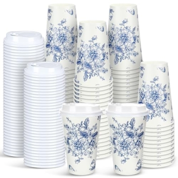 Irenare 96 Pack Blue and White Floral Disposable Coffee Cups