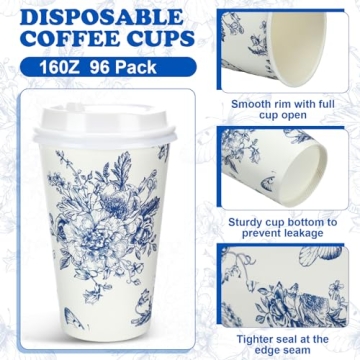 Irenare 96 Pack Blue and White Floral Disposable Coffee Cups