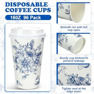 Irenare 96 Pack Blue and White Floral Disposable Coffee Cups