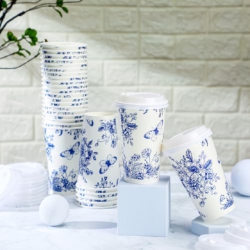 Irenare 96 Pack Blue and White Floral Disposable Coffee Cups
