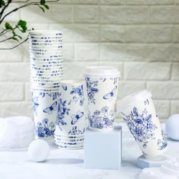 Irenare 96 Pack Blue and White Floral Disposable Coffee Cups